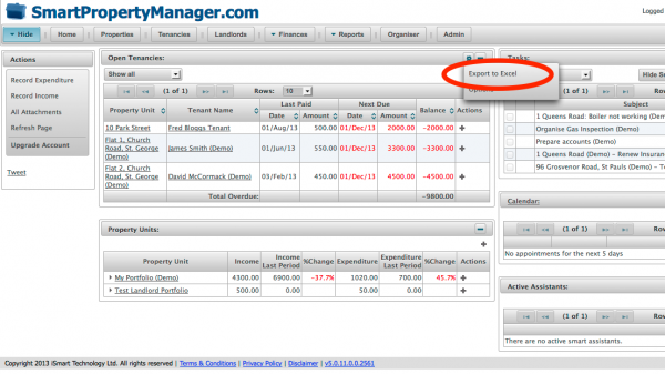 Export To Excel For Open Tenancies On Home Page