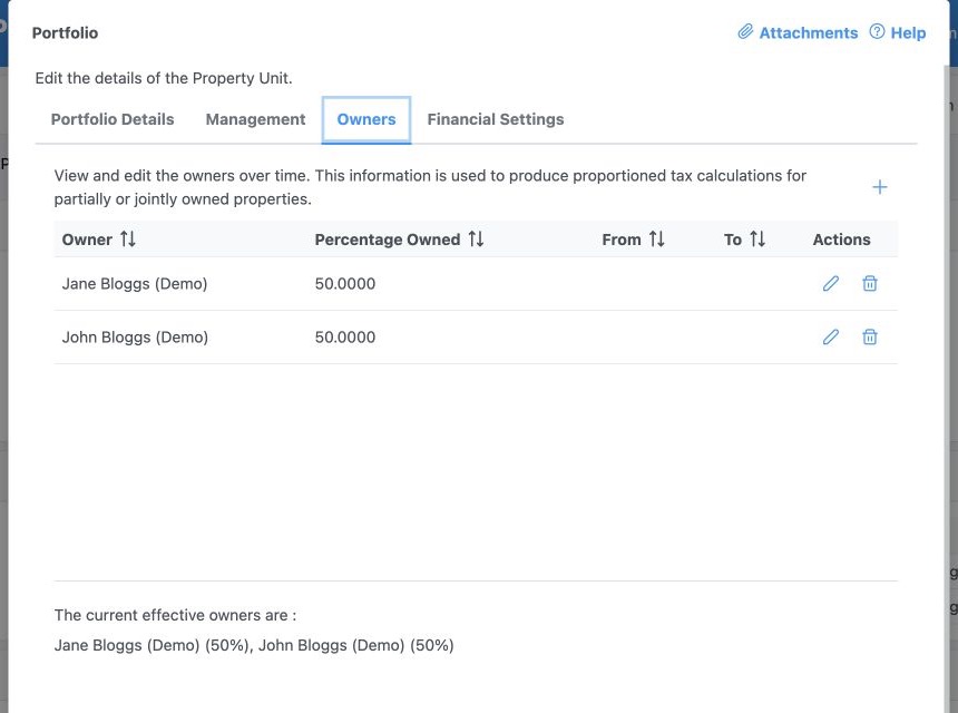 Owners tab showing joint property ownership percentages and effective dates